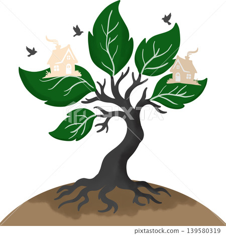 Creative Environment Day illustration featuring a symbolic tree with lush green leaves, tiny eco houses, and flying birds, representing sustainable living. Creative Environment Day illustration featuring a symbolic tree with lush green leaves, tiny eco houses, and flying birds, representing sustainable living. 139580319