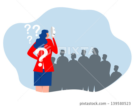 Businesswoman holding smiling mask thinking about being or acting like someone else.Imposter syndrome, hypocrisy, business dishonest or liar, fake, crime or fraudulent concept,vector Businesswoman holding smiling mask thinking about being or acting like someone else.Imposter syndrome, hypocrisy, business dishonest or liar, fake, crime or fraudulent concept,vector 139580523