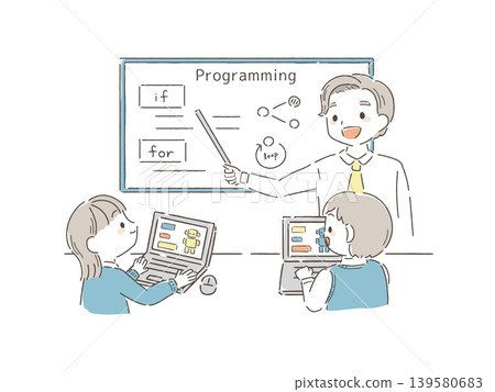 Illustration of a classroom scene where children are learning programming. Illustration of a classroom scene where children are learning programming. 139580683