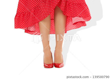 Woman in red shoes and polka dot dress stands still, PNG Woman in red shoes and polka dot dress stands still, PNG 139580790
