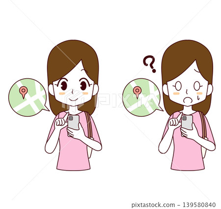 A set of two illustrations of a woman looking at a map on her smartphone. 139580840