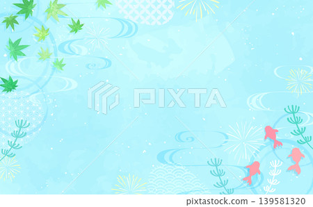 A Japanese-style, refreshing frame featuring green maple leaves and swimming goldfish on the water's surface (horizontal) A Japanese-style, refreshing frame featuring green maple leaves and swimming goldfish on the water's surface (horizontal) 139581320