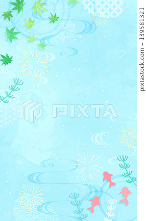 A Japanese-style cool frame featuring green maple leaves and swimming goldfish on the water's surface (vertical) A Japanese-style cool frame featuring green maple leaves and swimming goldfish on the water's surface (vertical) 139581321