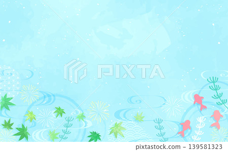 A Japanese-style cool frame featuring green maple leaves and swimming goldfish on the water's surface (horizontal) A Japanese-style cool frame featuring green maple leaves and swimming goldfish on the water's surface (horizontal) 139581323