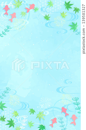 A Japanese-style cool frame featuring green maple leaves and swimming goldfish on the water's surface (vertical) A Japanese-style cool frame featuring green maple leaves and swimming goldfish on the water's surface (vertical) 139581327