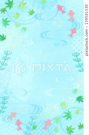 日式風格的精美相框,以綠色楓葉和水面上游動的金魚為特色(豎版) 日式風格的精美相框,以綠色楓葉和水面上游動的金魚為特色(豎版) 139581330