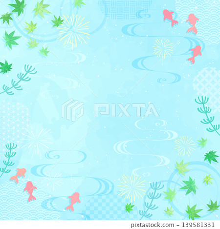 A Japanese-style cool frame featuring green maple leaves and swimming goldfish on the water's surface (square) A Japanese-style cool frame featuring green maple leaves and swimming goldfish on the water's surface (square) 139581331