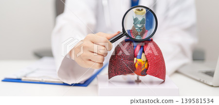 Doctor with Thyroid of Respiratory system anatomy for Diseases. Lung Cancer, Asthma, Chronic Obstructive Pulmonary or COPD, Bronchitis, Emphysema, Cystic Fibrosis, Bronchiectasis and Pneumonia Doctor with Thyroid of Respiratory system anatomy for Diseases. Lung Cancer, Asthma, Chronic Obstructive Pulmonary or COPD, Bronchitis, Emphysema, Cystic Fibrosis, Bronchiectasis and Pneumonia 139581534