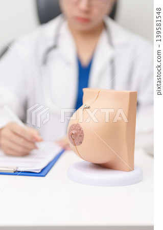 Doctor with Breast Anatomy model. Breast Augmentation Surgery, October Breast Cancer Awareness month, implant, Diagnosis, Beauty woman enlargement and medical education concept Doctor with Breast Anatomy model. Breast Augmentation Surgery, October Breast Cancer Awareness month, implant, Diagnosis, Beauty woman enlargement and medical education concept 139581548