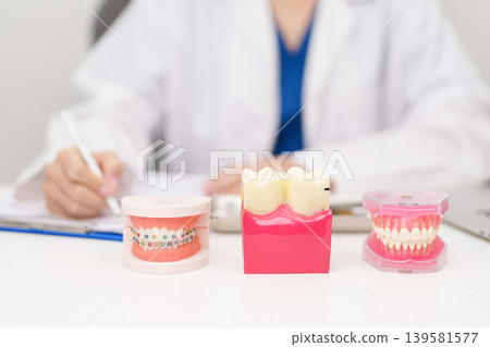 Tooth Anatomy and Orthodontic model on dentist table. Oral Teeth and disease. March Oral health, Dentist Day, False Teeth. Toothache and Children Dental Health Month and May Orthodontic Health Day 139581577