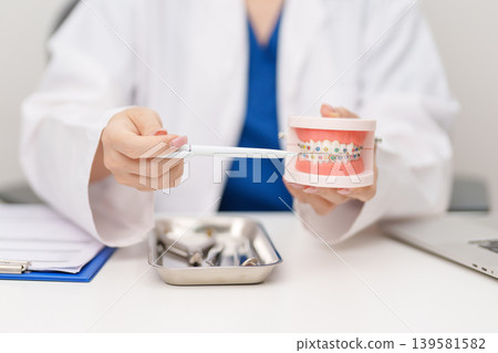 Dentist with Orthodontic tooth model and bracket or brace. Clean and Scrape off tartar. May Orthodontic Health Day, March Oral health, Dentist Day, False Teeth. Toothache and Children Dental Health 139581582