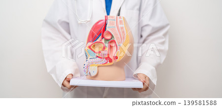 Doctor with Male Reproductive System anatomy model. Male consultation, Prostate Cancer, Enlarged prostate, Prostatitis disease, Male Infertility, Erectile dysfunction, Penis and Male genital disorder 139581588