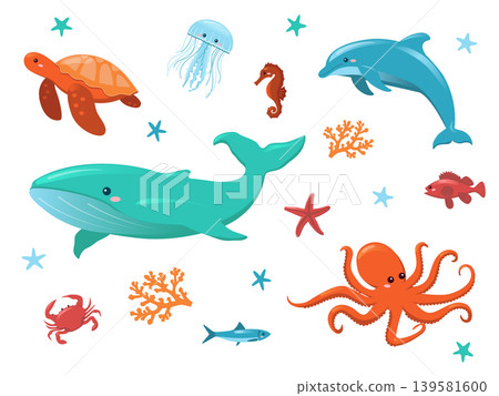 Cute sea animals and marine life set, flat vector illustration of whale, dolphin, octopus, turtle and jellyfish, colorful nautical ocean characters isolated on white background for kids design 139581600