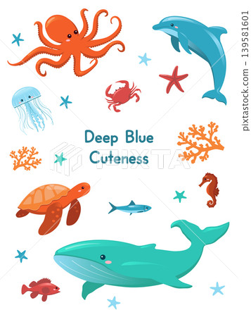 Cute ocean creatures collection with nautical quote, cartoon whale, jellyfish, seahorse and coral elements, playful aquatic animal vector illustration for nursery decor and greeting cards 139581601