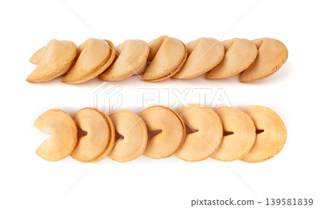 Fortune cookie isolated, lucky Chinese biscuit with prediction paper, asian surprise sweets on white background Fortune cookie isolated, lucky Chinese biscuit with prediction paper, asian surprise sweets on white background 139581839
