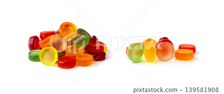 Round gummy candy pile isolated. Chewing colorful marmalade pills, jelly gumdrops heap Round gummy candy pile isolated. Chewing colorful marmalade pills, jelly gumdrops heap 139581908