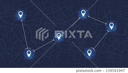 Connected location pins on dark blue urban map background. Vector illustration. Connected location pins on dark blue urban map background. Vector illustration. 139581947