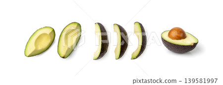Hass Avocado Half Isolated, Whole Sharwil Set, Brown Avocados Slice, Fresh Alligator Pear, Persea Americana Hass Avocado Half Isolated, Whole Sharwil Set, Brown Avocados Slice, Fresh Alligator Pear, Persea Americana 139581997
