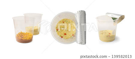 Dry Instant Noodles Cup Isolated, Tomato Spaghetti in a Plastic Cup, Fast Food, Instant Noodles on White 139582013