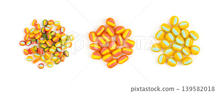Round gummy candy piles set isolated. Small chewing colorful jellybeans, marmalade cuts, pills 139582018