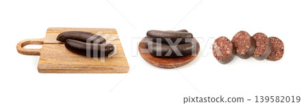 Black pudding isolated, blood sausage kaszanka, traditional Polish terrine, brawn sausages on white Black pudding isolated, blood sausage kaszanka, traditional Polish terrine, brawn sausages on white 139582019