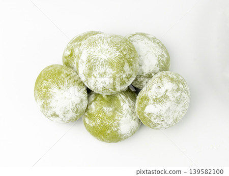 Matcha mochi rice cake, green tea daifuku, Japanese traditional dessert, round wagashi Matcha mochi rice cake, green tea daifuku, Japanese traditional dessert, round wagashi 139582100