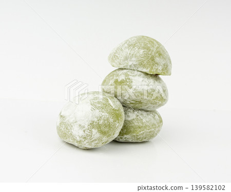 Matcha mochi rice cake, green tea daifuku, Japanese traditional dessert, round wagashi Matcha mochi rice cake, green tea daifuku, Japanese traditional dessert, round wagashi 139582102