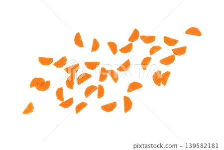 Round carrot semicircles isolated. Sweet orange vegetable circles halves Round carrot semicircles isolated. Sweet orange vegetable circles halves 139582181