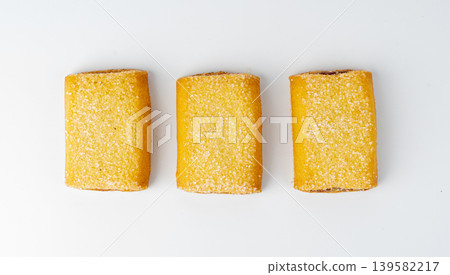 Fig roll bar, square sugar cookies with fruit filling isolated 139582217