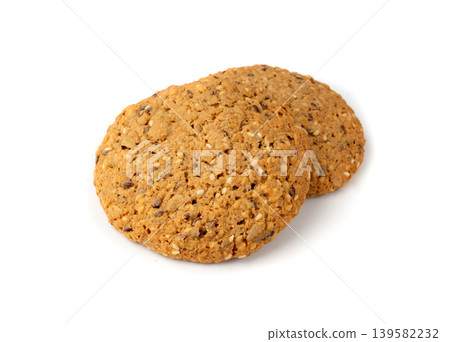 Whole and broken oatmeal cookies, cereal biscuits, fitness bakery 139582232
