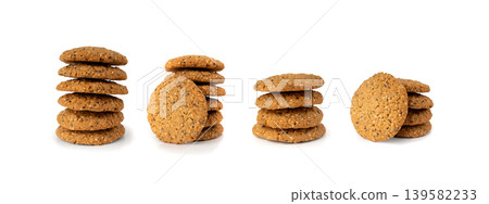 Whole and broken oatmeal cookies, cereal biscuits, fitness bakery 139582233