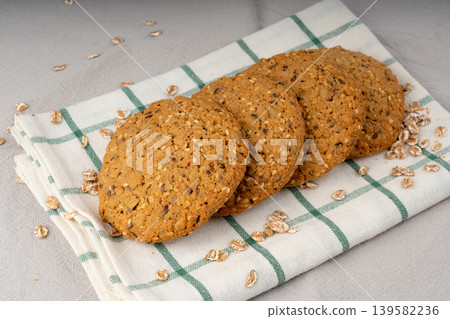Whole and broken oatmeal cookies, cereal biscuits, fitness bakery 139582236