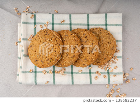 Whole and broken oatmeal cookies, cereal biscuits, fitness bakery 139582237