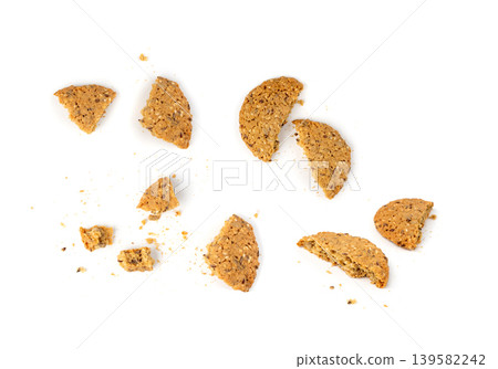 Whole and broken oatmeal cookies, cereal biscuits, fitness bakery 139582242