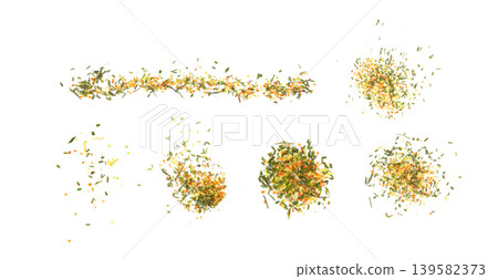Dried vegetable mix isolated. Dehydrated greens, onion, carrot pieces, seasoning chips, flakes Dried vegetable mix isolated. Dehydrated greens, onion, carrot pieces, seasoning chips, flakes 139582373