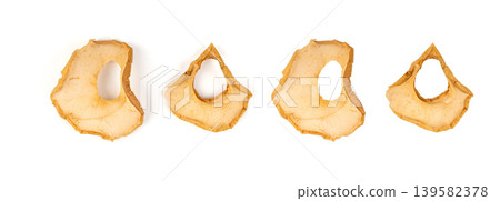 Dry apple slices isolated, dried apple chips, healthy fruit snack Dry apple slices isolated, dried apple chips, healthy fruit snack 139582378