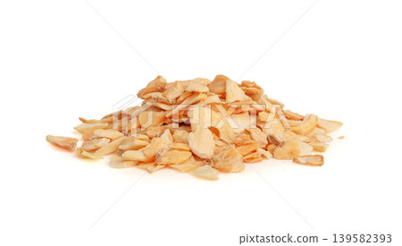 Dry Garlic Slices, Crispy Fried Cloves Pile Closeup, Roasted Grilled Garlic Flakes, Clove Chip Group Dry Garlic Slices, Crispy Fried Cloves Pile Closeup, Roasted Grilled Garlic Flakes, Clove Chip Group 139582393
