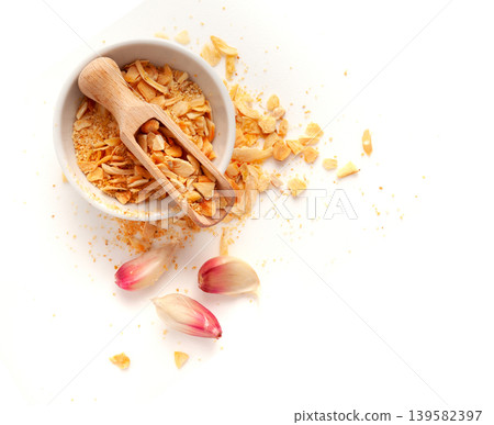 Dry Garlic Slices, Crispy Fried Cloves Pile Closeup, Roasted Grilled Garlic Flakes, Clove Chip Group 139582397
