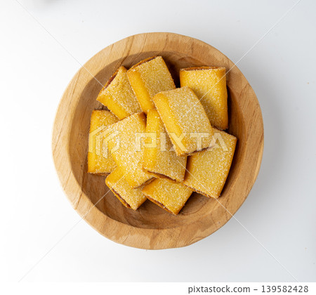 Fig roll bar, square sugar cookies with fruit filling isolated 139582428