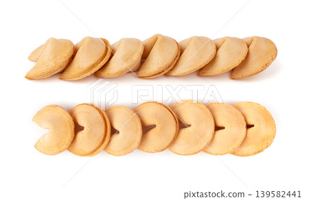 Fortune cookie isolated, lucky Chinese biscuit with prediction paper, asian surprise sweets on white background Fortune cookie isolated, lucky Chinese biscuit with prediction paper, asian surprise sweets on white background 139582441