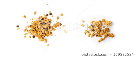 Granola Pile Isolated, Cereal Breakfast with Almonds and Chocolate Chips, Seeds and Oat Flakes Granola Pile Isolated, Cereal Breakfast with Almonds and Chocolate Chips, Seeds and Oat Flakes 139582584