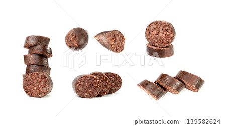Black pudding isolated, blood sausage kaszanka, traditional Polish terrine, brawn sausages on white 139582624
