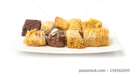 Baklava Isolated, Small Ramadan Dessert, Eastern Sweet Filo Pastries, Turkish Honey Baklawa, Oriental Desert Baklava Isolated, Small Ramadan Dessert, Eastern Sweet Filo Pastries, Turkish Honey Baklawa, Oriental Desert 139582695