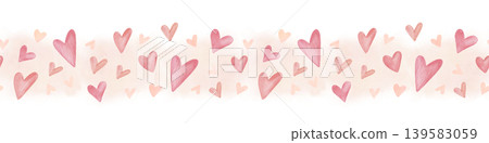 Watercolor seamless border with scattered hearts is soft pastel tones, hand drawn romantic valentine ribbon trim background 139583059