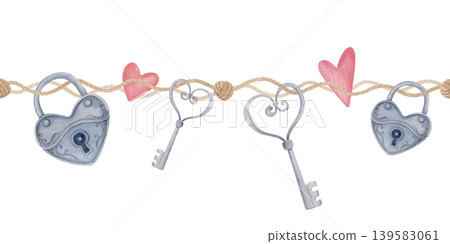 Watercolor seamless border with rope, keys and heart locks, hand drawn romantic valentine ribbon illustration isolated on white 139583061