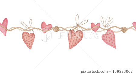 Watercolor seamless border with rope and hanging hearts isolated on white, hand drawn romantic valentine ribbon trim background Watercolor seamless border with rope and hanging hearts isolated on white, hand drawn romantic valentine ribbon trim background 139583062