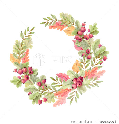 Watercolor autumn wreath with forest berries and leaves, hand drawn botanical round frame in warm fall tones for cards, labels. Watercolor autumn wreath with forest berries and leaves, hand drawn botanical round frame in warm fall tones for cards, labels. 139583091