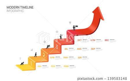 Business step timeline infographic arrow growth template. Modern milestone element timeline diagram calendar and 4 quarter steps to success, vector infographics. 139583148