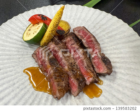 Wagyu beef steak and grilled vegetables Japanese-style plate 139583202