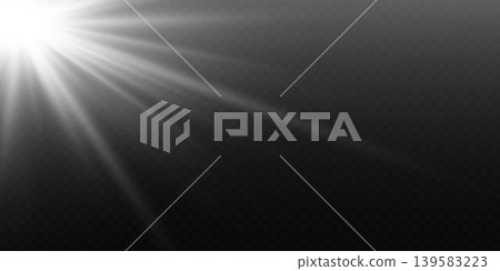 Bright light rays creating sun flare effect on dark transparent background 139583223